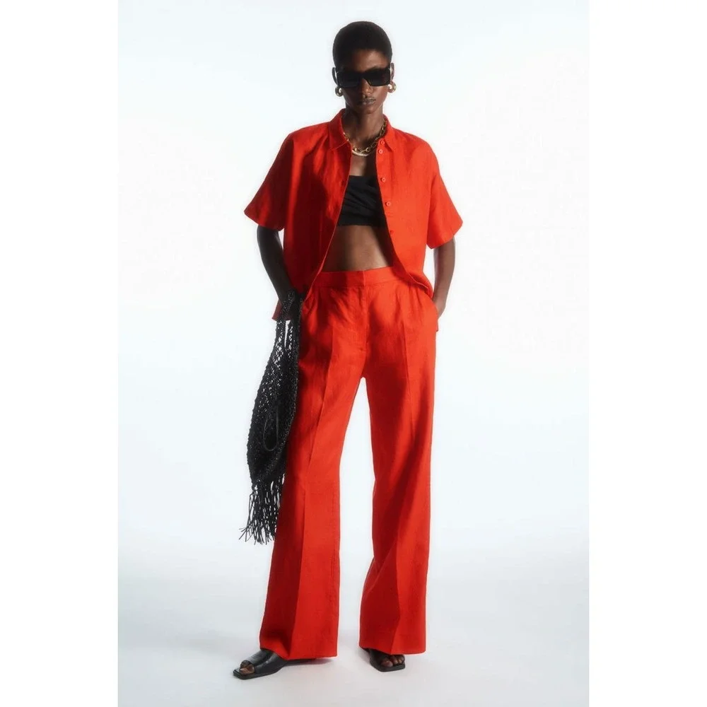 COS Orange Linen Cotton Wide Leg High Rise Waisted Trousers Pants Size 10